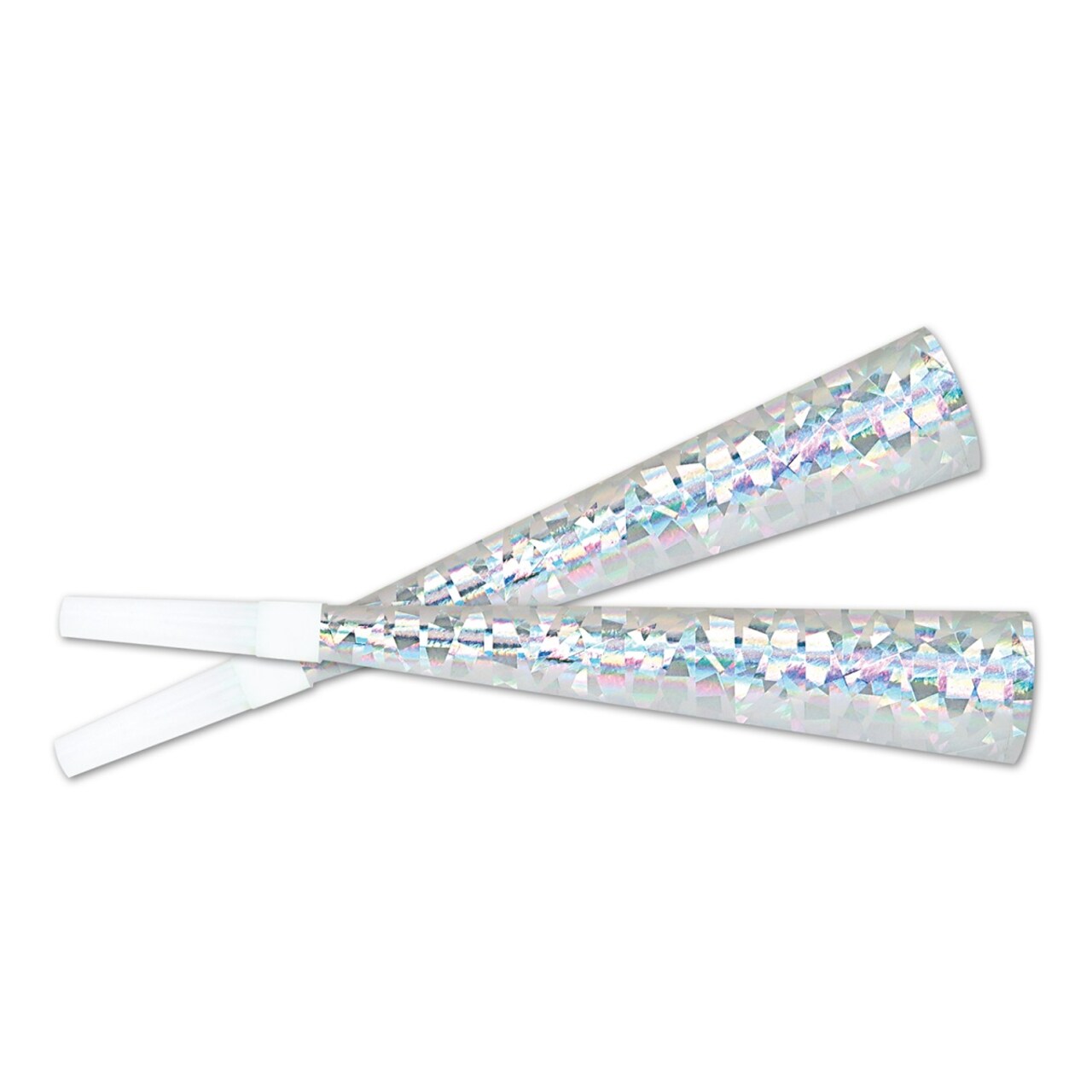 Beistle Club Pack of 100 Silver and White Prismatic Trumpet Horns 9"